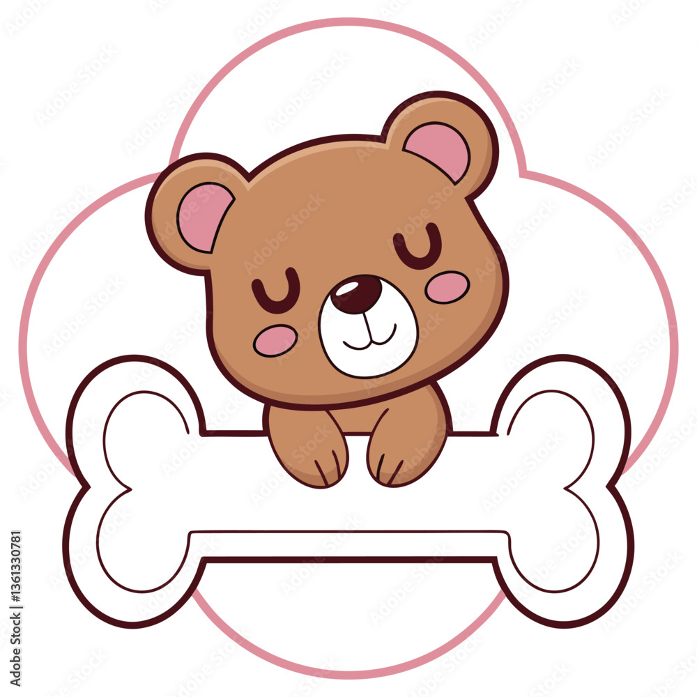Fototapeta premium Cartoon Brown Bear Holding Bone with Pink Frame, Cute Animal Mascot with Closed Eyes