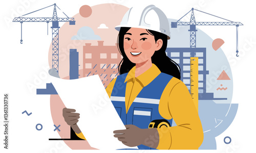 Female Architect with Construction Blueprint Vector Illustration