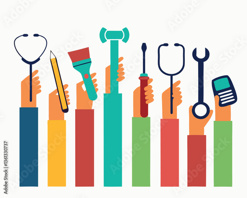 Diverse hands holding various professional tools, representing different occupations and teamwork.