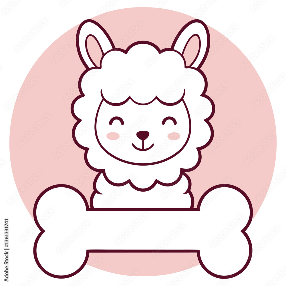 Cute Cartoon Llama Holding Bone with Pink Circle, Minimalist Design, Isolated White Cute Cartoon Llama Holding Bone with Pink Circle, Minimalist Design, Isolated White
