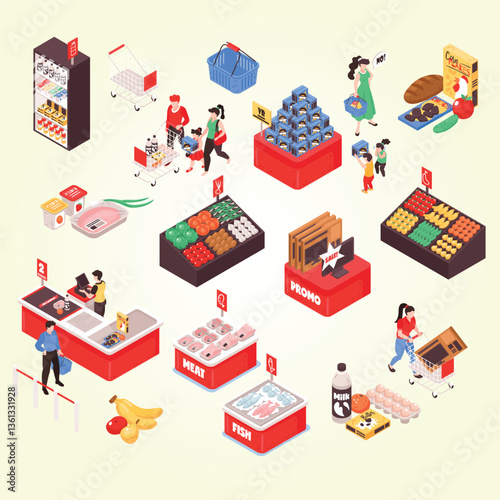 Supermarket interior isometric flowchart with shopping trolleys checkout counters fruit vegetables shelves promotion displays customers illustration