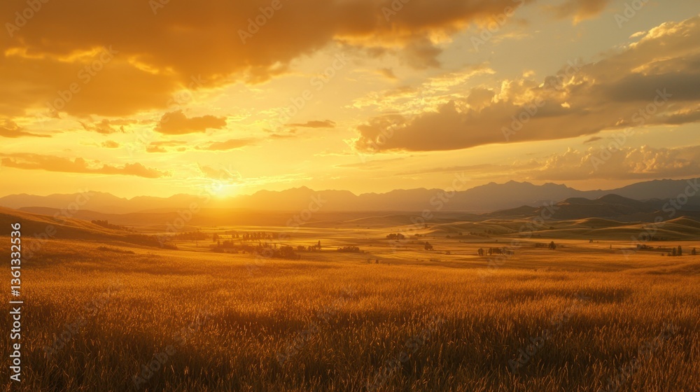 Golden Hour Over Prairie: Sunlit fields meet distant mountains under a warm sky, creating a tranquil and picturesque landscape. Golden Hour Over Prairie: Sunlit fields meet distant mountains under a warm sky, creating a tranquil and picturesque landscape.