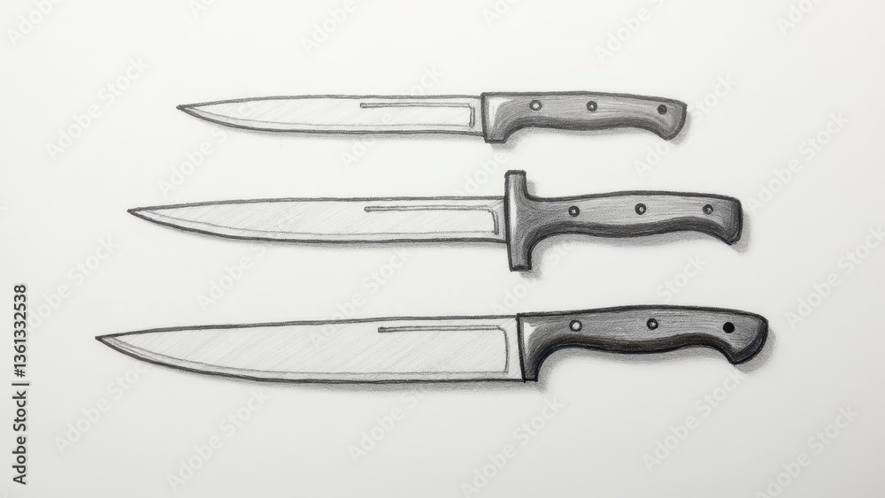 Fototapeta premium Collection of knife types blades in a drawing style