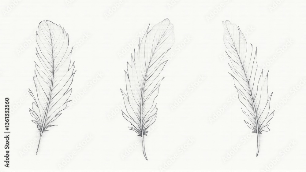 Obraz premium Three Feather Drawings on White Background