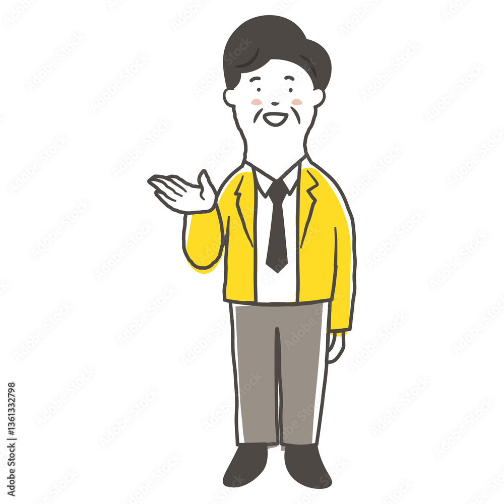 笑顔で案内をしているシニア男性会社員の鉛筆で描いた手書き風のシンプルな全身イラスト素材 笑顔で案内をしているシニア男性会社員の鉛筆で描いた手書き風のシンプルな全身イラスト素材