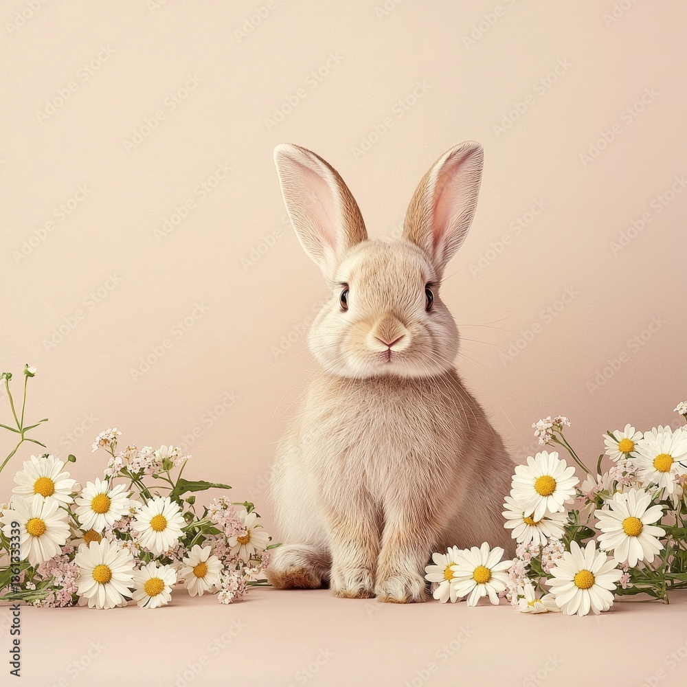 Fototapeta premium Cute rabbit standing among flowers on a soft pastel background