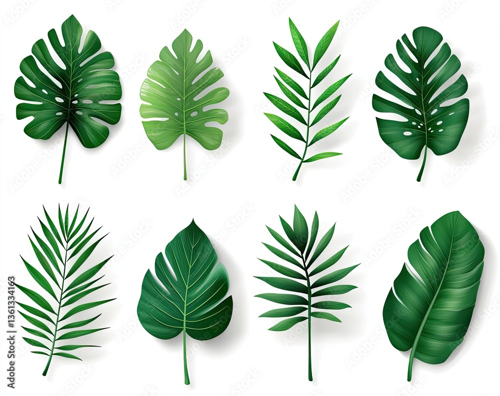 Fototapeta premium Collection of vibrant tropical leaves. Detailed illustration showcases various leaf shapes and textures, including lush, vibrant greens. Ideal for design elements, backgrounds, and print projects
