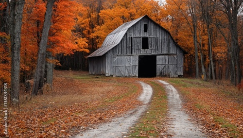 serene rural autumn scene old wooden barn amid fall foliage rustic countryside charm path winding through colorful leaves picturesque landscape