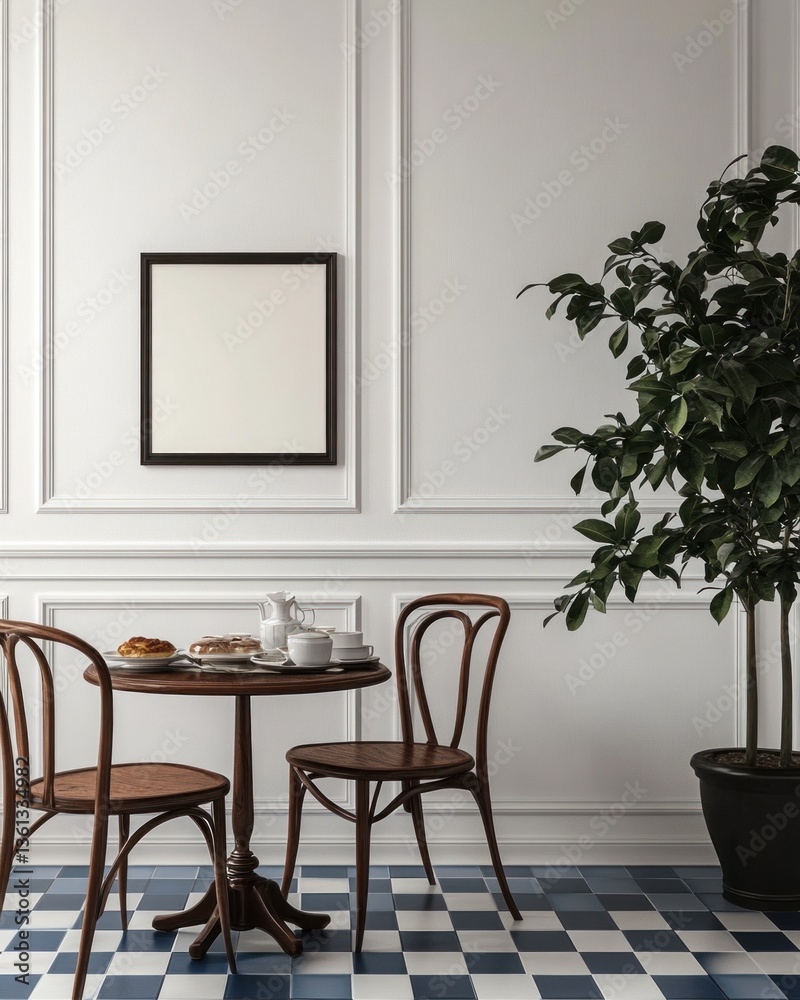 Fototapeta premium Minimalist breakfast nook with wooden chairs, table, and plant.
