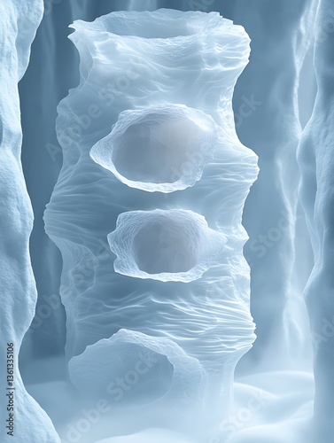 Ethereal glacier cavern formations with sculpted openings in an icy world