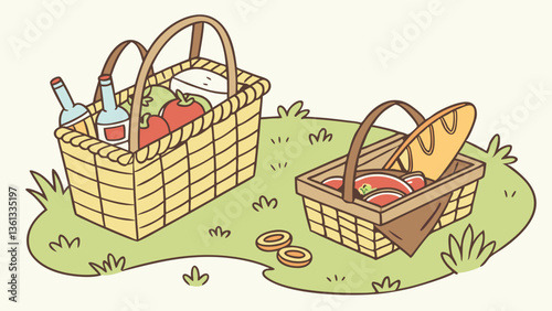 Picnic baskets full of food and drinks set. Wicker hampers with fruit, pretzel, croissant and drinks cartoon vector illustration
