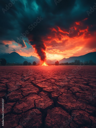 Fiery apocalyptic desert landscape with cracked earth and stormy sky