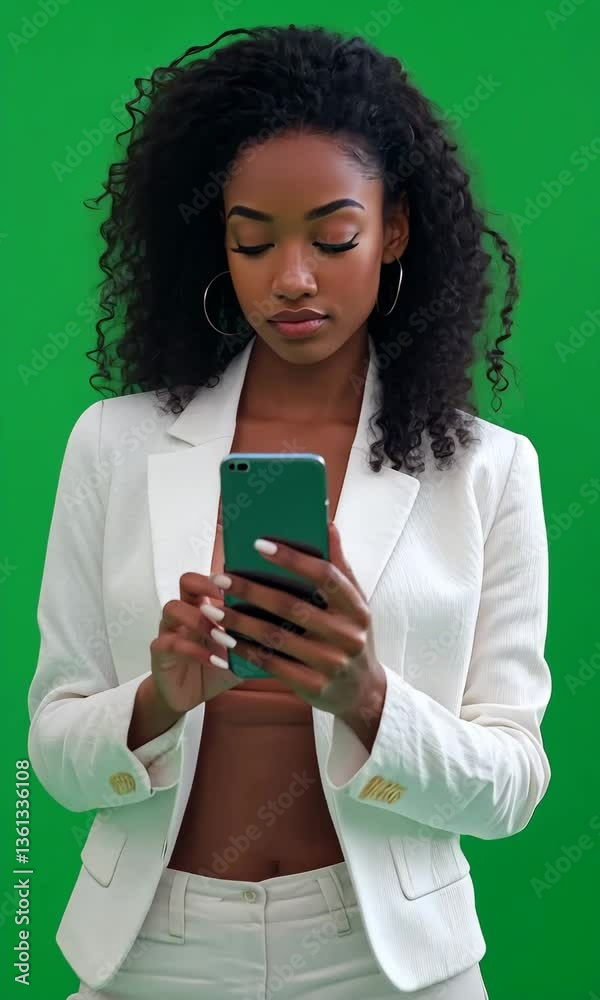 African American Woman Holding Smartphone, in Casual Business Attire, Standing on Green Screen Background African American Woman Holding Smartphone, in Casual Business Attire, Standing on Green Screen Background