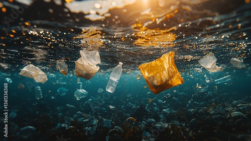 Ocean Pollution, Plastic Waste Underwater, Sunlight Through Water, Environmental Crisis