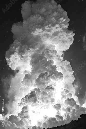 Monochrome volcanic eruption plume illuminating a dark celestial scape