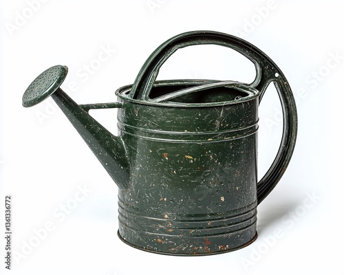 Old Green Watering Can on White Background