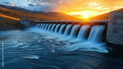 A dam releasing water into a serene river, framed by mountains, as the sun sets in the background, showcasing a picturesque landscape.