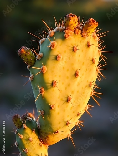 Prickly Pear Cactus Plant Illuminated by Golden Sunlight in the Desert