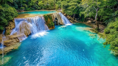 Stunning Turquoise Waterfall in Lush Jungle - Aerial photography