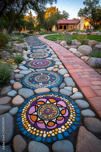 Serene path of mosaic art leading to a charming countryside dwelling