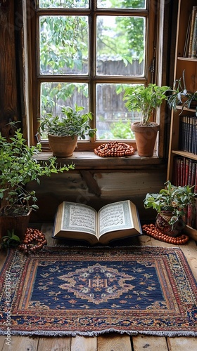 Open Quran on rug by window, plants, bookshelves