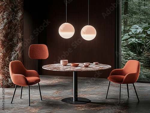 Sophisticated Dining Ambiance Featuring Modern Furniture and Nature View