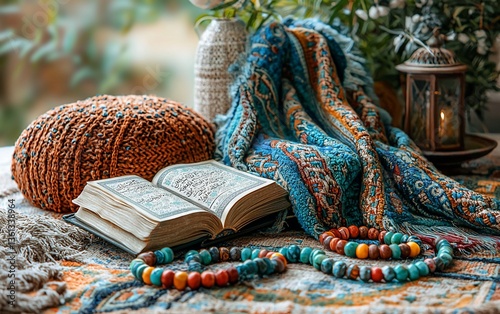 Open Quran, prayer beads, and decorative items on a patterned rug near window