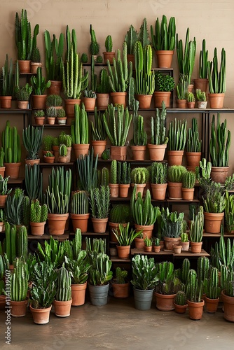 Varied cacti collection flourishing in terracotta pots on wooden shelves