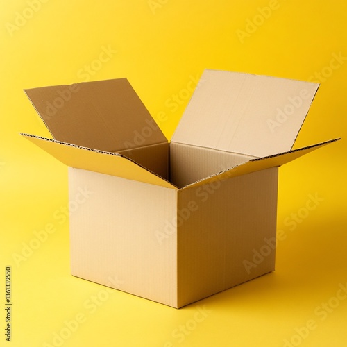 Opened Cardboard Box on Yellow Background