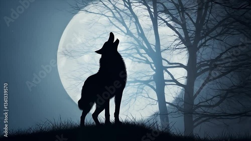 A lone wolf howls at the full moon in a dark, mysterious forest.