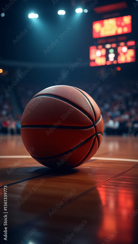 Basketball on Court in Stadium with Spotlight Basketball on Court in Stadium with Spotlight