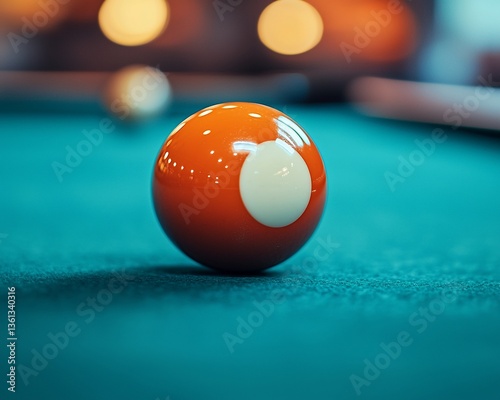 Orange billiard ball on teal pool table, blurred lights in background