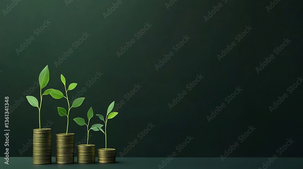 Growing Investment: Saplings Sprouting from Coin Stacks Against a Dark Green Background AI Generated Growing Investment: Saplings Sprouting from Coin Stacks Against a Dark Green Background AI Generated