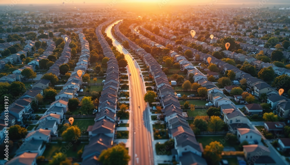 Obraz premium Aerial view property mapping with location markers, connected lines on land plots. Real estate, property valuation, smart city, urban planning, investment, mortgage, house, residential area.