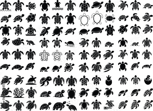 turtle icon Black line art vector logo set simple turtle icon illustration Simple Black Silhouette of a Turtle Set of different turtle silhouettes. Isolated flat vector illustrations