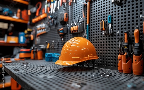 Orange hard hat on workbench in a well-equipped workshop photo