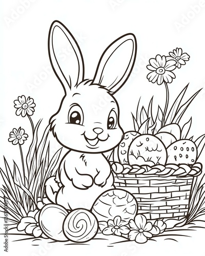 easter A cheerful bunny coloring page with decorative Easter eggs and flowers, perfect for children to enjoy creative coloring during festive celebrations.