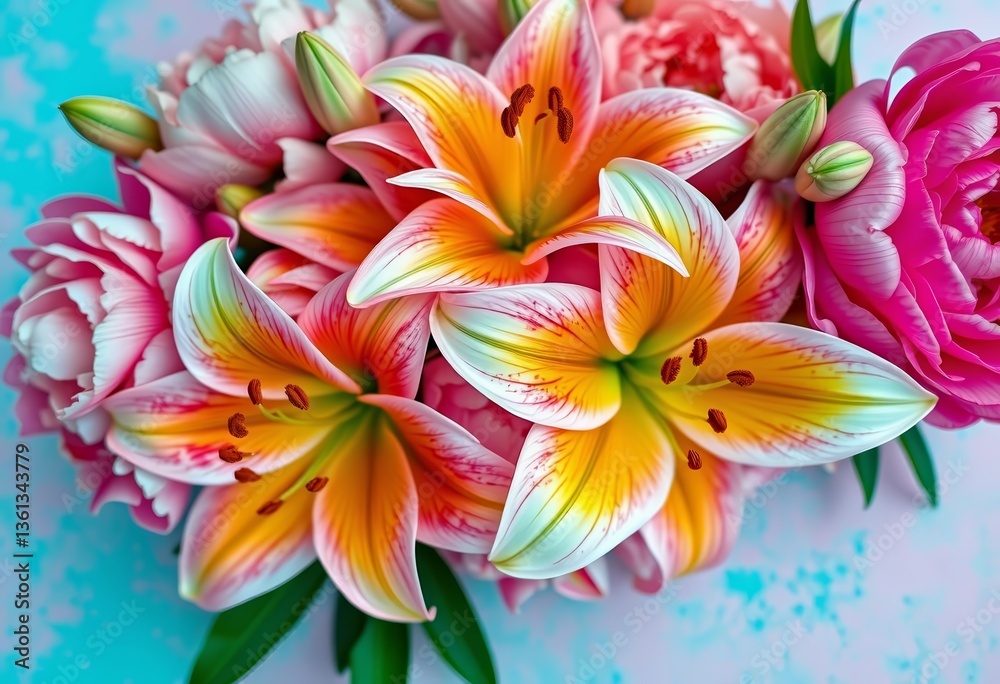 Close-up of vibrant lilies and peonies on a pastel pink-turquoise backdrop, flower background, bloom Close-up of vibrant lilies and peonies on a pastel pink-turquoise backdrop, flower background, bloom