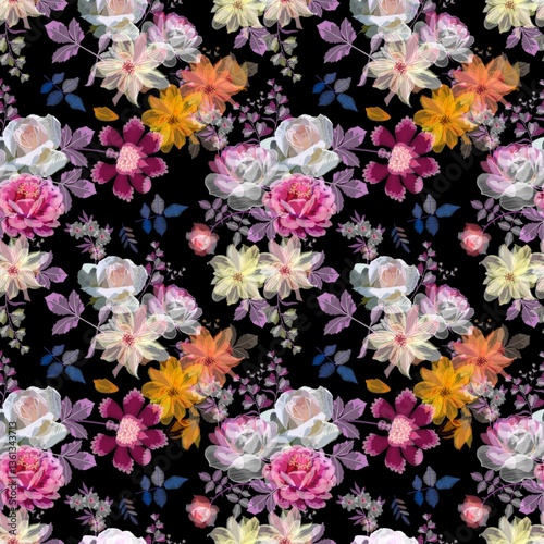 Delightful bouquets of garden flowers on a black background. Floral embroidery seamless pattern.