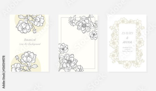 Line art hand drawing wedding invitation template set flowers and leaves decoration. Foliage card design concept.