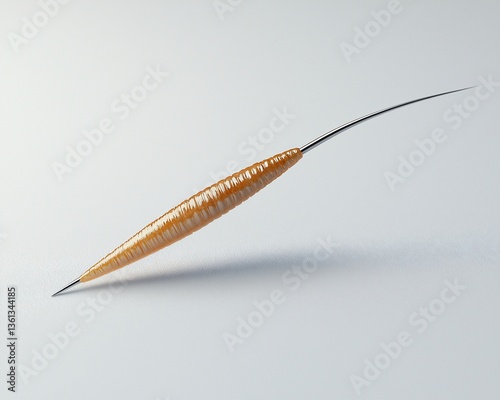 Orange microscopic needle on white surface, laboratory equipment,  research background