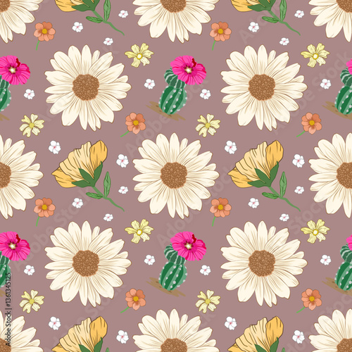 seamless floral pattern featuring hand-drawn sunflowers, blooming cactus with pink flowers, and wildflowers on a brown background. Perfect for textile design, wallpaper, fabric prints, and digital  