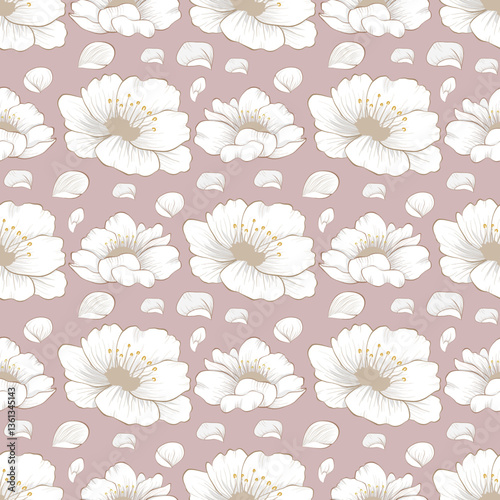 A seamless floral pattern featuring elegant white flowers with soft petals on a muted brownish-pink background. Ideal for textile prints, wallpapers, stationery, and decorative designs.