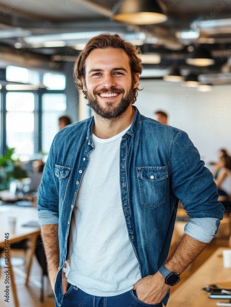Obraz premium Smiling Businessman in Casual Outfit at Modern Office Workspace