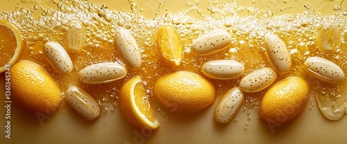 Orange slices, capsules, and water splashes on yellow surface