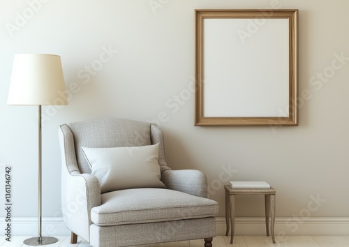 Cozy Living Room Corner with Chair, Floor Lamp, and Empty Frame
