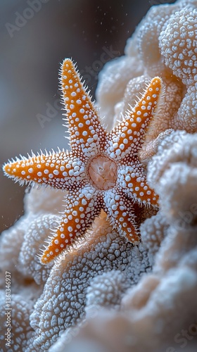 Orange starfish on a white coral reef close-up