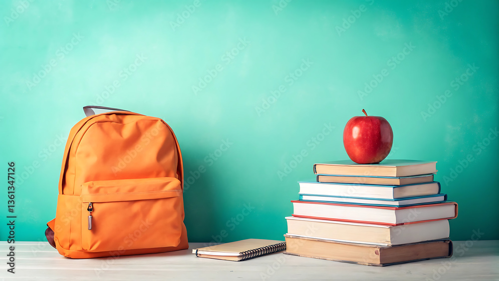 Minimalist school theme with backpack and books for educational design. Minimalist school theme with backpack and books for educational design.
