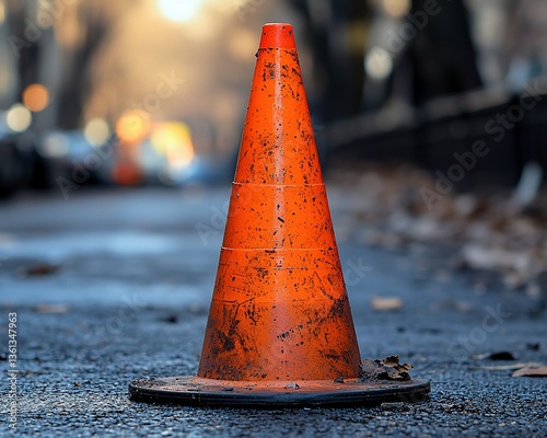 Orange traffic cone on wet city street at dusk
