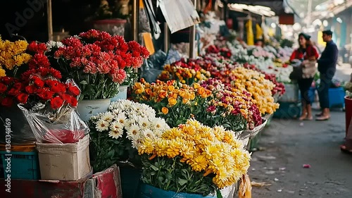 Vibrant flower market bustling with colorful blooms, shoppers, and lively atmosphere